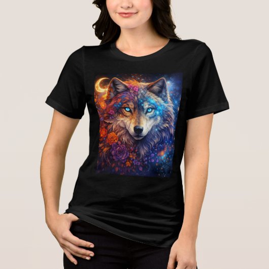 Celestial Wolf with Flowers and Crescent Moon Tri-Blend Shirt (Vorderseite)