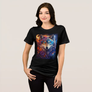 Celestial Wolf with Flowers and Crescent Moon Tri-Blend Shirt