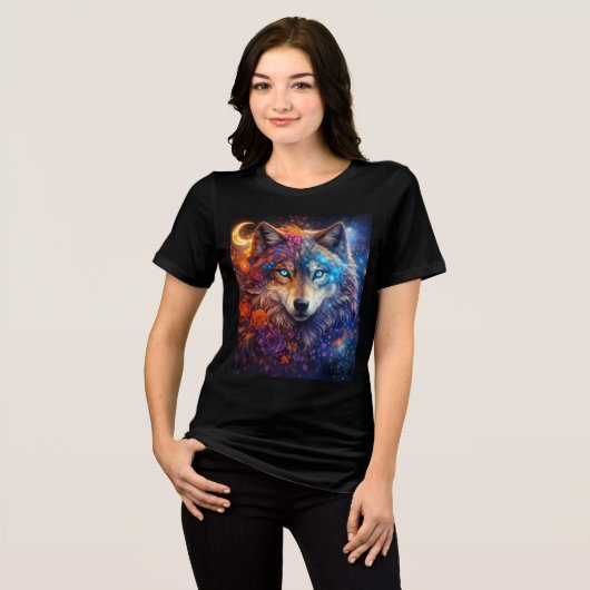 Celestial Wolf with Flowers and Crescent Moon Tri-Blend Shirt (Vorderseite voll)