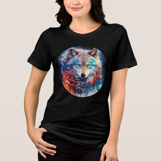 Celestial Wolf with Temple and Galaxy Sky Tri-Blend Shirt (Vorderseite)
