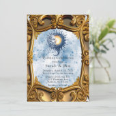 Celestial Yellow Blue Sun Moon Art Deco Hochzeit Einladung (Stehend Vorderseite)