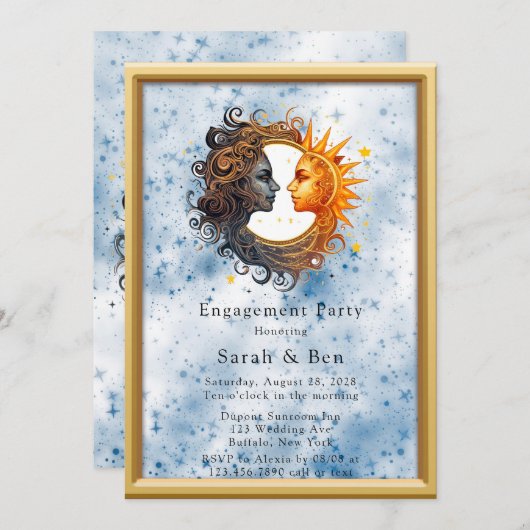 Celestial Yellow Blue Sun Moon Engagement Party Einladung (Vorne/Hinten)