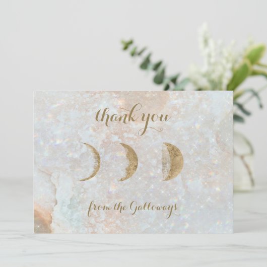 Celestial Zodiac Moon Blue Gold Typografy Wedding Dankeskarte (Stehend Vorderseite)