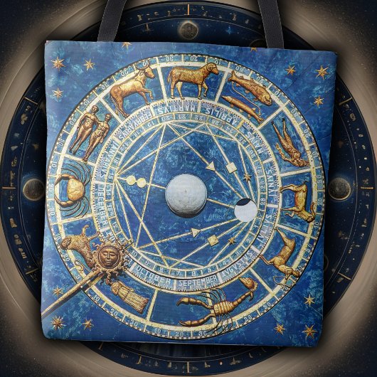 Celestial Zodiac Wheel Vintag Astrologie Blue Gold Tasche