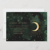 Celestis Mitternacht grüne goldene Sterne Hochzeit Einladung (Vorderseite)