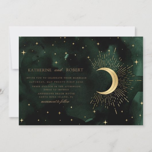 Celestis Mitternacht grüne goldene Sterne Hochzeit Einladung (Vorderseite)