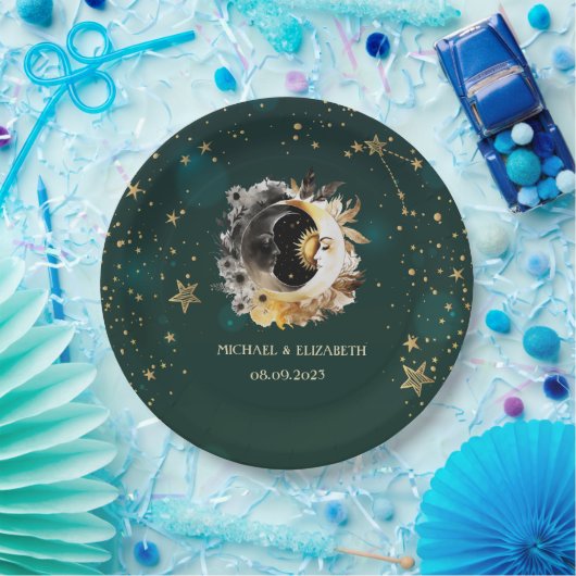 Celestis Sun and Moon Blume Sterne Grün Pappteller (Party)