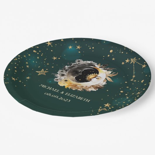 Celestis Sun and Moon Blume Sterne Grün Pappteller (Schrägansicht)