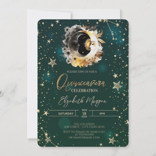 Celestis Sun and Moon Stars Green Quinceanera Einladung (Vorderseite)