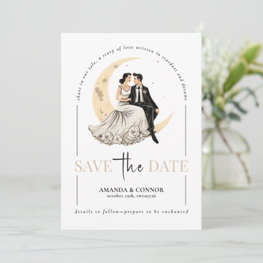 Celestische Liebe: Eleganter Waxing Moon Save the Einladung (Stehend Vorderseite)