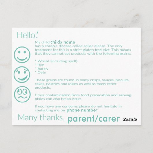 Celiac-Informationskarte Postkarte (Rückseite)