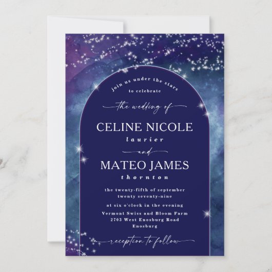 Celine: Celestial Arched Night Wedding Einladung (Vorderseite)