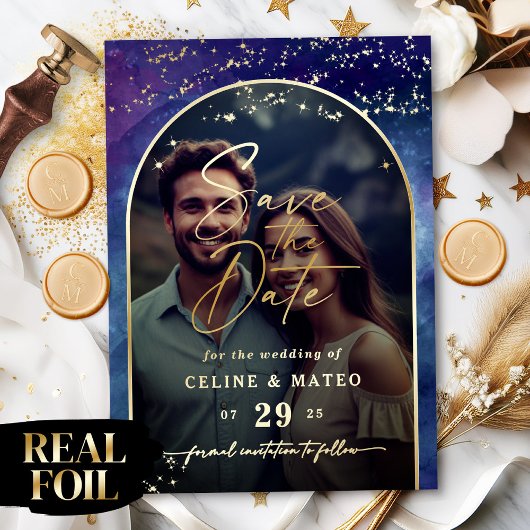 Celine ・ Celestial Save the Date mit Real Gold Folieneinladung