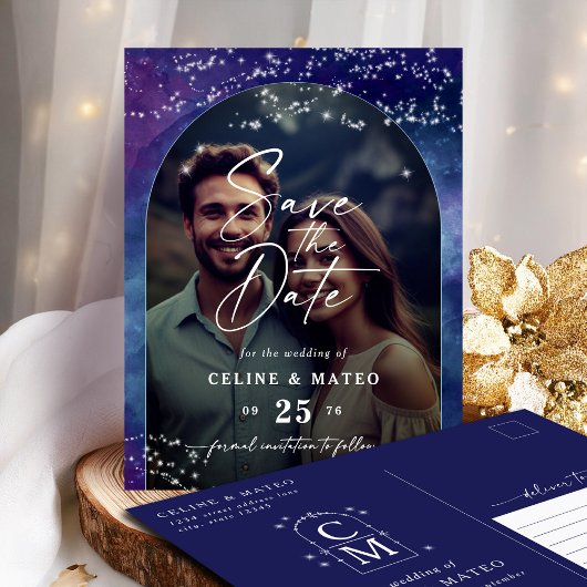 Celine ・ Elegant Starry Sky Foto Save the Date Ankündigungspostkarte