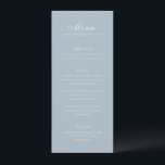 Celine Mute Blue Elegant Wedding Menükarte<br><div class="desc">Klassische Hochzeitsmenüs mit einem schlichten und zeitlosen Design mit eleganten Drehbüchern und klassischen Serifenreihen Schriftart.</div>
