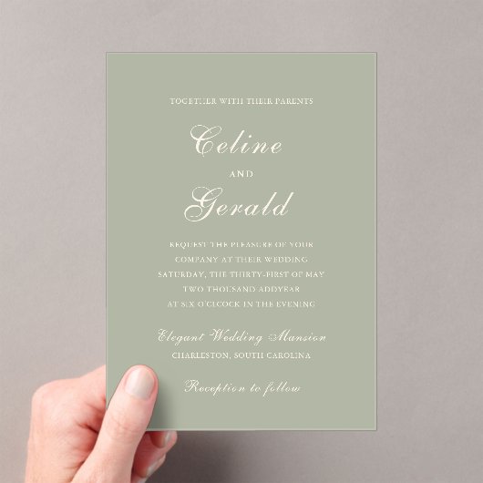 Celine Mute Green Elegant Wedding Acryleinladungen (Insitu (Handheld))
