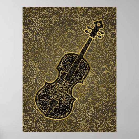 Cello Gold Taupe Filigree Musikinstrument Poster (Vorne)