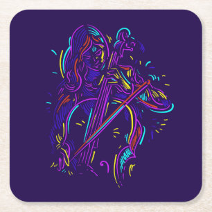 Cello Player Abstrakt Neon Zeichnend Rechteckiger Pappuntersetzer