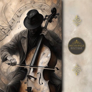Cello Player in Shadow w/ Musical Notes Decoupage Seidenpapier