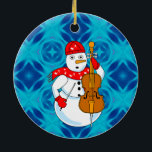 Cello Snowman Keramik Ornament<br><div class="desc">Ein Schneemann,  der einen Musiknote-Schal trägt und ein Cello hält,  ist ein lustiges Musikdesign für Streichmusiker im Orchester- und Streichquartett.</div>