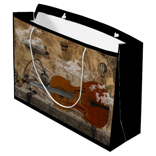 Cello Steampunk Große Geschenktüte (Rückseite Schrägansicht)