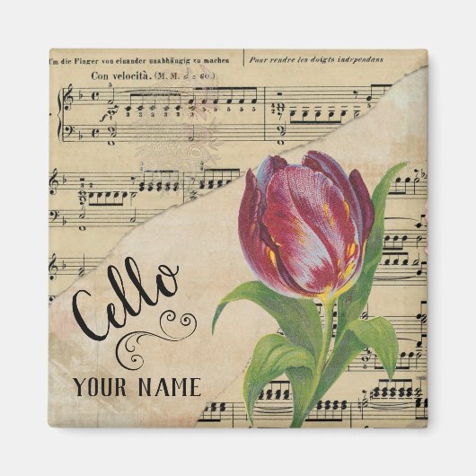 Cello Tulip Vintage Noten individuell angepasst Magnet (Vorne)