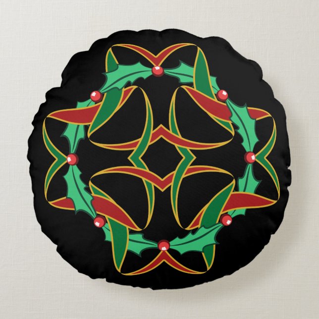 Celtic Christmas Holly Wreath Rundes Kissen (Vorderseite)