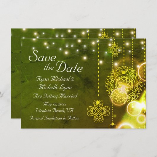 Celtic Clovers and String Lights Irish Wedding Save The Date (Vorne/Hinten)
