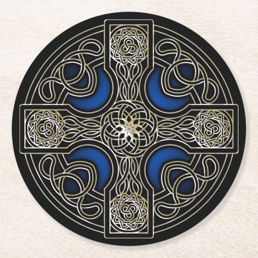 Celtic Cross Blue Runder Pappuntersetzer (Vorderseite)