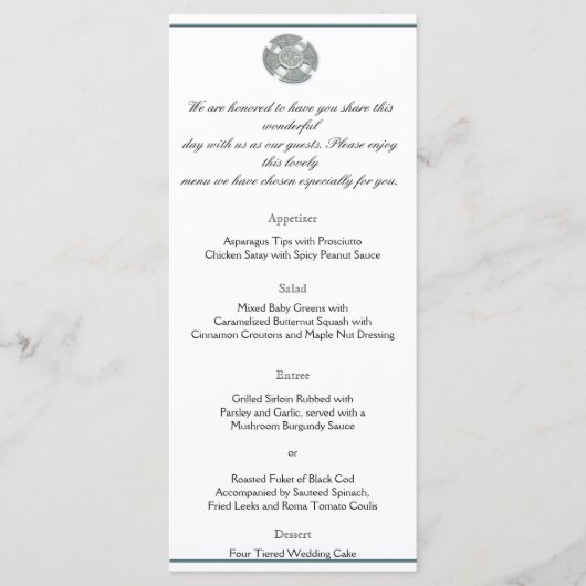 Celtic Cross in Silver und White Wedding Menü Menükarte (Vorderseite)