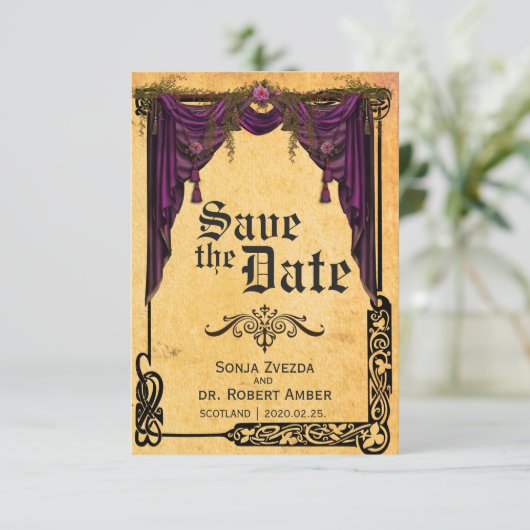 Celtic Curtain Wedding Save the Date Einladung (Stehend Vorderseite)