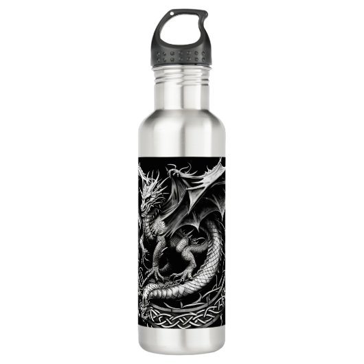 Celtic Dragon Elegante: Schwarz & Grau Abstrakte T Edelstahlflasche (Vorderseite)