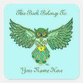 Celtic Flight Owl Green Buchzeichen Quadratischer Aufkleber (Vorderseite)