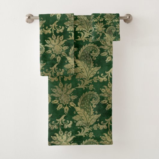 Celtic Green Gold Paisley Floral Pattern Badhandtuch Set (Insitu)