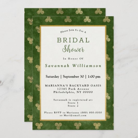 Celtic Green Gold Triple Spiral Brautparty Einladung (Vorne/Hinten)