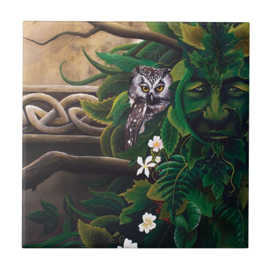 Celtic Green Man Owl Fliese (Vorderseite)