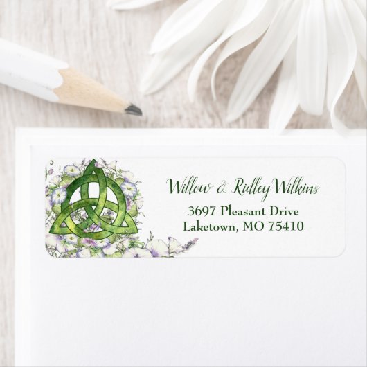Celtic Green Triquetra Watercolor Floral Address L (Insitu)
