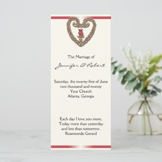 Celtic Heart with rote Rose Wedding Program Programm (Stehend Vorderseite)