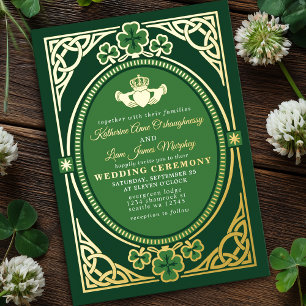 Celtic Knot Claddagh Shamrock Hochzeit Grün Folieneinladung