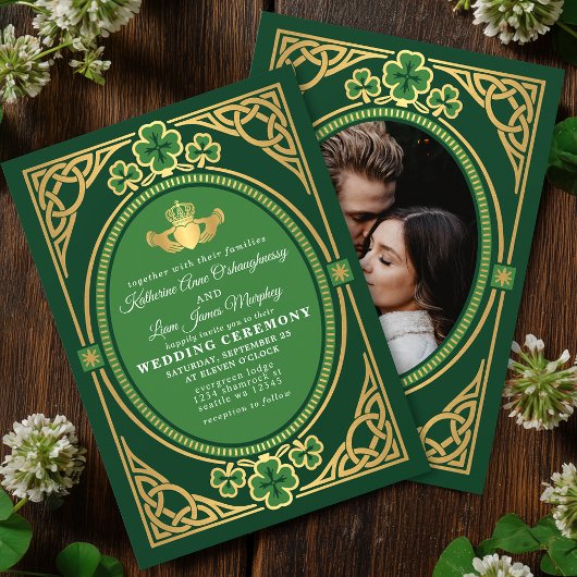 Celtic Knot Claddagh Shamrock Wedding Green Photo Einladung