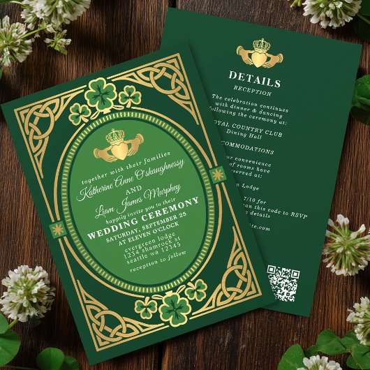 Celtic Knot Claddagh Shamrock Wedding Green QR Einladung