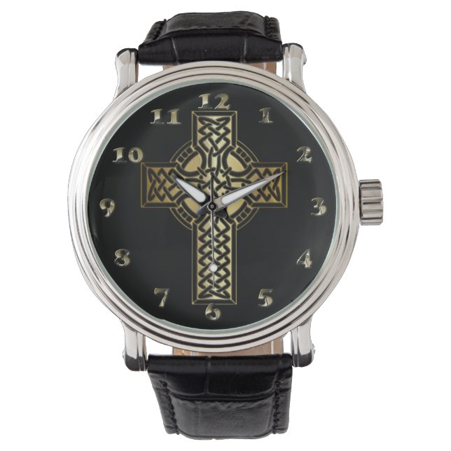 Celtic Knot Cross in Gold und Schwarz Armbanduhr (Vorderseite)