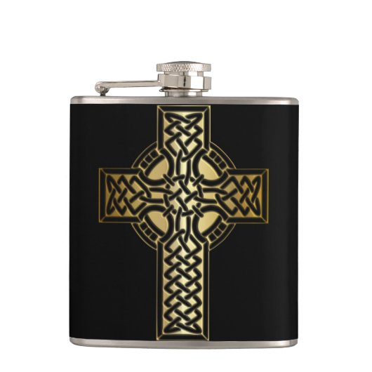 Celtic Knot Cross in Gold und Schwarz Flachmann (Vorderseite)