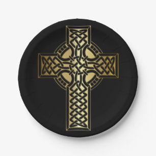 Celtic Knot Cross in Gold und Schwarz Pappteller