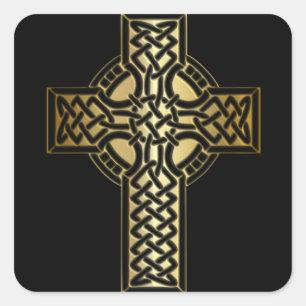 Celtic Knot Cross in Gold und Schwarz Quadratischer Aufkleber