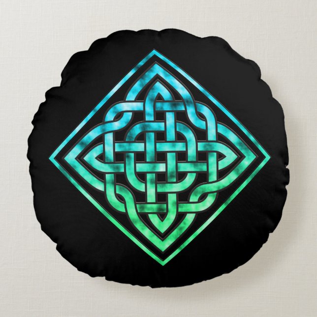 Celtic Knot - Diamond Blue Green Rundes Kissen (Vorderseite)
