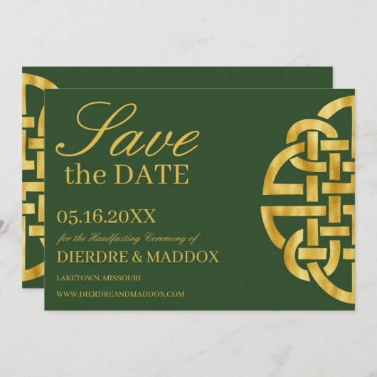 Celtic Knot Green & Gold Handfasts Save The Date (Vorne/Hinten)