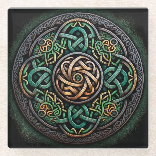 Celtic Knot Green Gold Knüpfarbeit Glasuntersetzer (Vorderseite)