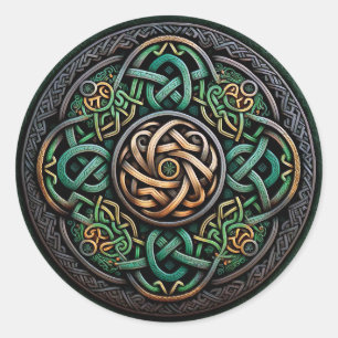 Celtic Knot Green Gold Knüpfarbeit Runder Aufkleber