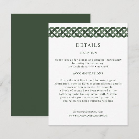Celtic Knot | Green Wedding Information Guest Begleitkarte (Vorne/Hinten)